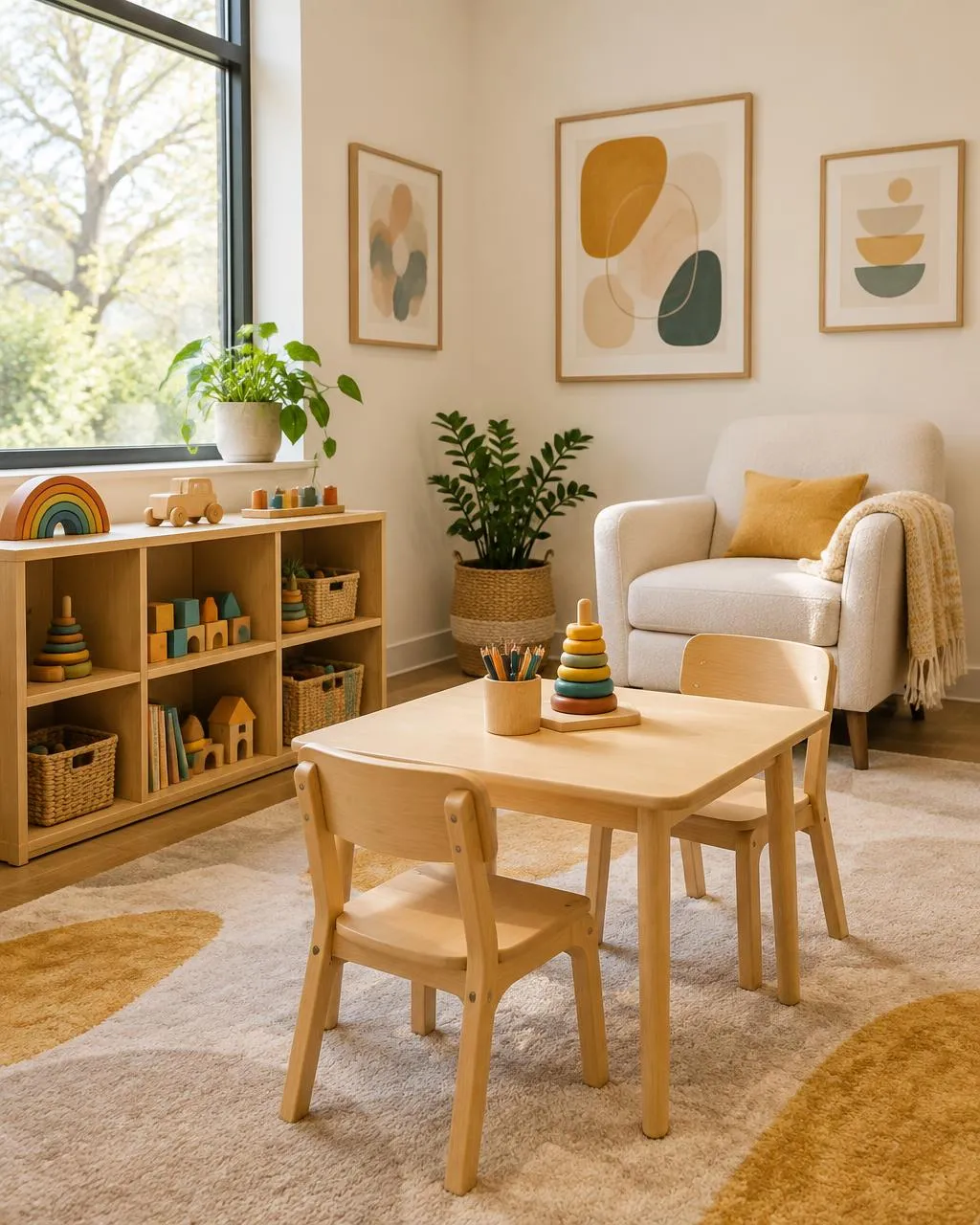 Sala de psicologia infantil, com brinquedos e materiais lúdicos